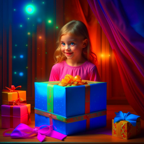 kandinsky 2.2 девочка получает подарок большая цветная коробка