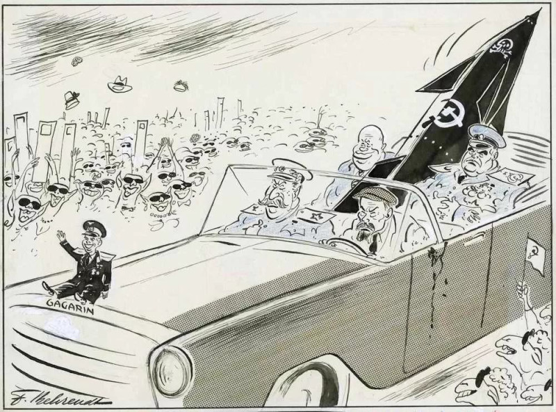 А это — тоже к 70-летию избрания Хрущёва — подборка западных карикатур, главным образом голландских, о наиболее заметных, по мнению художников, событиях эпохи Хрущёва.