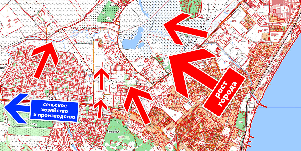 Красные стрелки указывают на то, куда растет сам город. Синяя стрелка указывает направление  где будут распалогатся сельское хозяйство и индустриальные районы. 