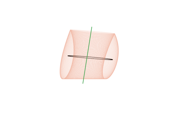 Внутренняя (чёрная) и внешняя (зелёная) оси одного из инвариантных торов, рассчитанных для E=1 в проекции (x + y,  ẋ + ẏ,  ẋ – ẏ) .