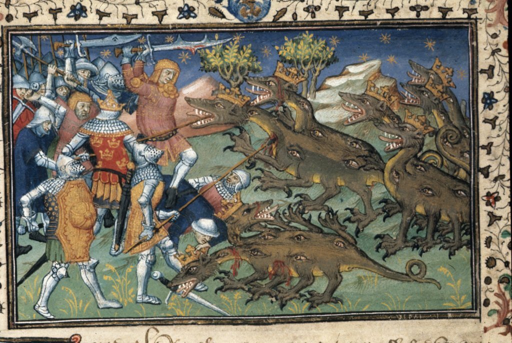 Средневековая миниатюра дракон рыцарь.