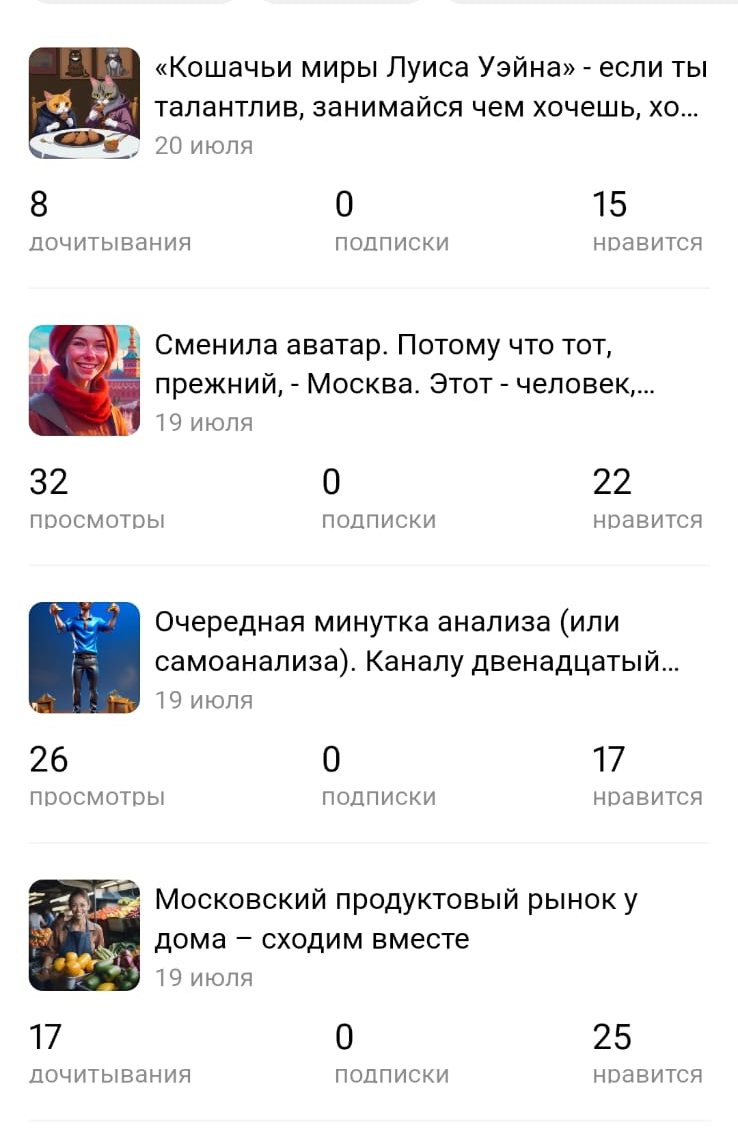 Вот о чем я. Сегодняшняя картина. 89 подписчиков. Прочитали новую статью (про котиков) - 8. Лайкнули 15. То есть 7 "пустых" лайков. Статья про рынок - тоже показатель. Посередине - 2 поста, с ними все хорошо: их активно смотрят, лайков не больше, чем просмотров.