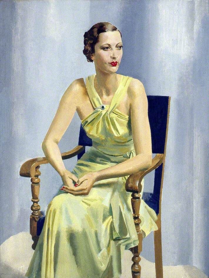 Альфред Реджинальд Томпсон, портрет миссис Вивьенн Хиллиард, 1934. Странная задача - искать в живописи тридцатых годов портрет Ребекки, скудно описанной и по понятным причинам ни разу не появившейся "в кадре".  Правда, волосы миссис де Уинтер должны быть роскошными и длинными, но взгляд хозяйки жизни и соответствие моде эпохи присутствует.