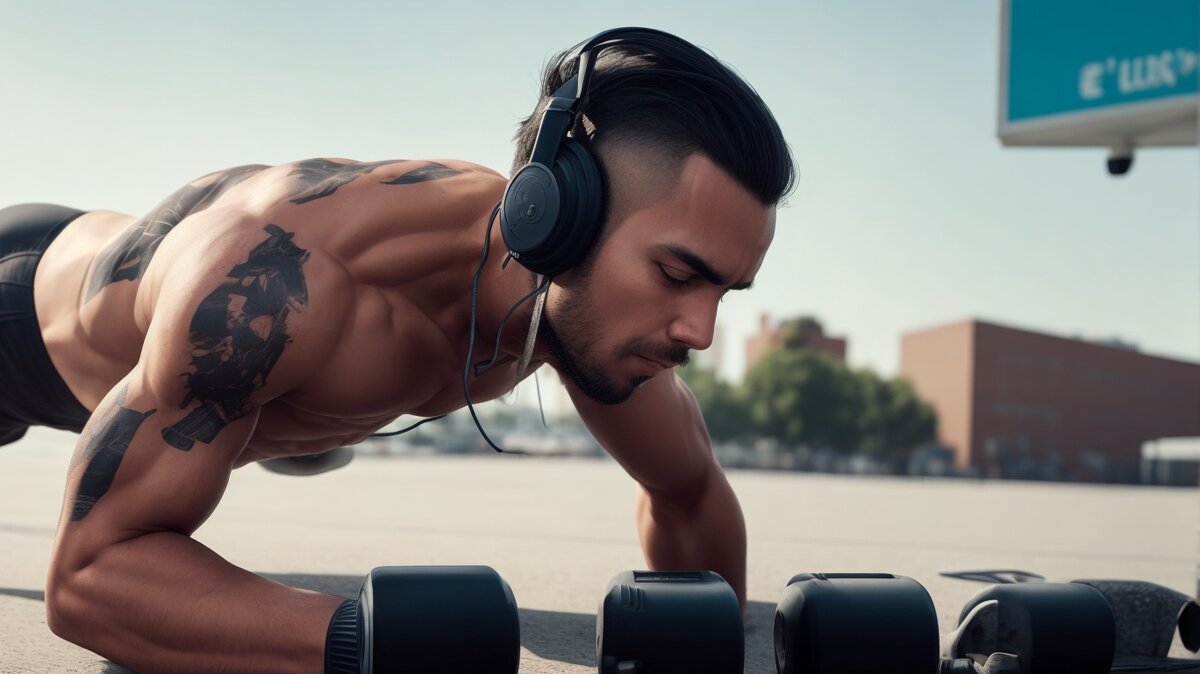 Мужчина слушает музыку на тренировке 