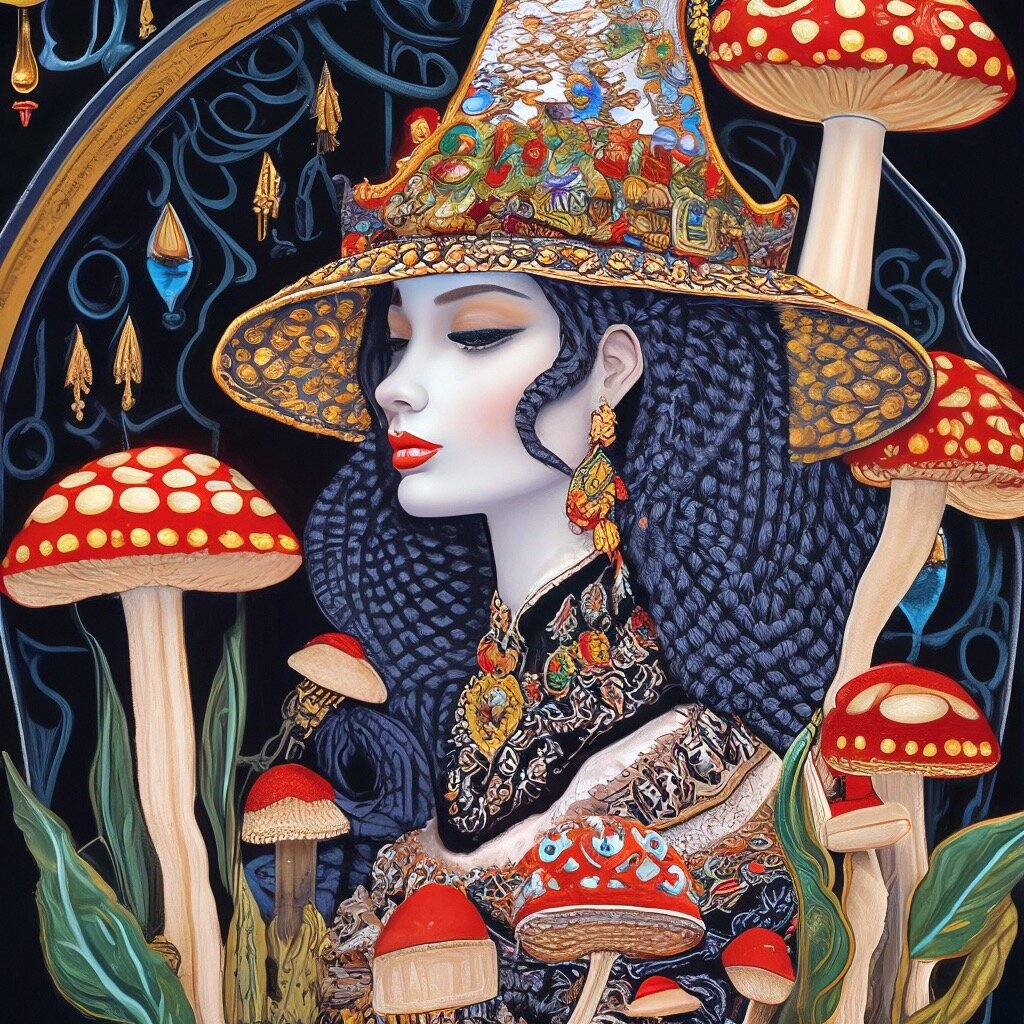 портрет сказочной ведьмы на белых грибах в стиле JamesChristensen, высокая детализация, наряд embroidery bejeweled, профиль, фон черный, flat design