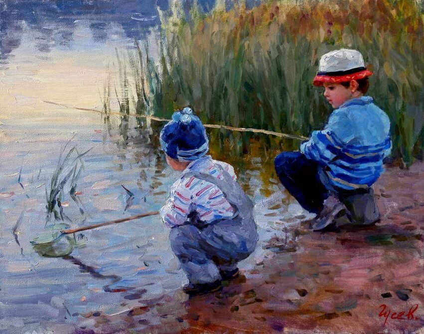 Мальчик на берегу озера. Рыбачки картина Маковский.
