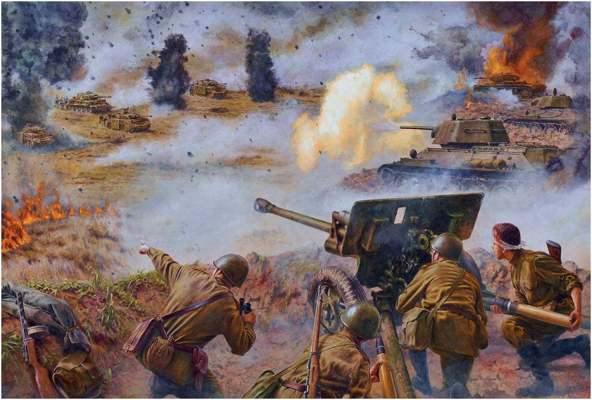  Иллюстрация британского художника Стива Нуна демонстрирует разгар боя за Тепловские высоты. 8 июля 1943 года силы 4-й танковой дивизии Вермахта при поддержке немногочисленных "Тигров" атаковали в районе Теплого позиции 140-й стрелковой дивизии РККА. Немцы продвигаются, используя артиллерию, пехотные ударные группы и бомбардировщики "Штука", которые утюжат советскую линию обороны.  