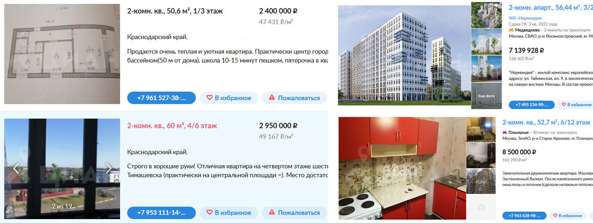 Слева цены на недвижимость в городе Краснодарского края, справа - в отдаленных спальных районах Москвы.