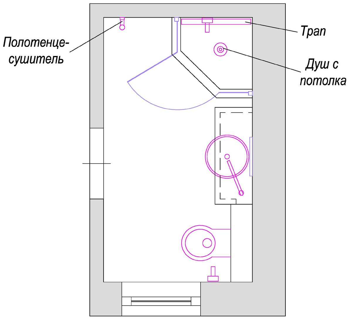 Схема санузла с душем