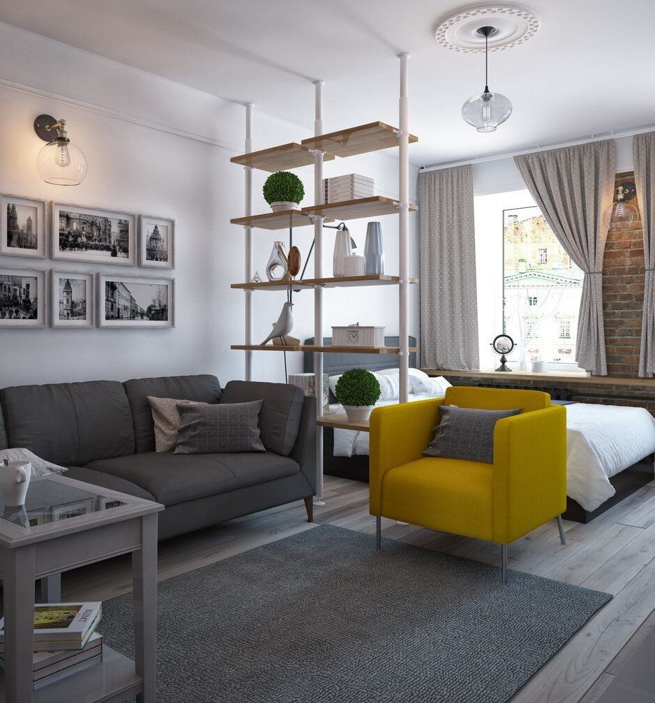 Пример зонирования гостиной со спальней