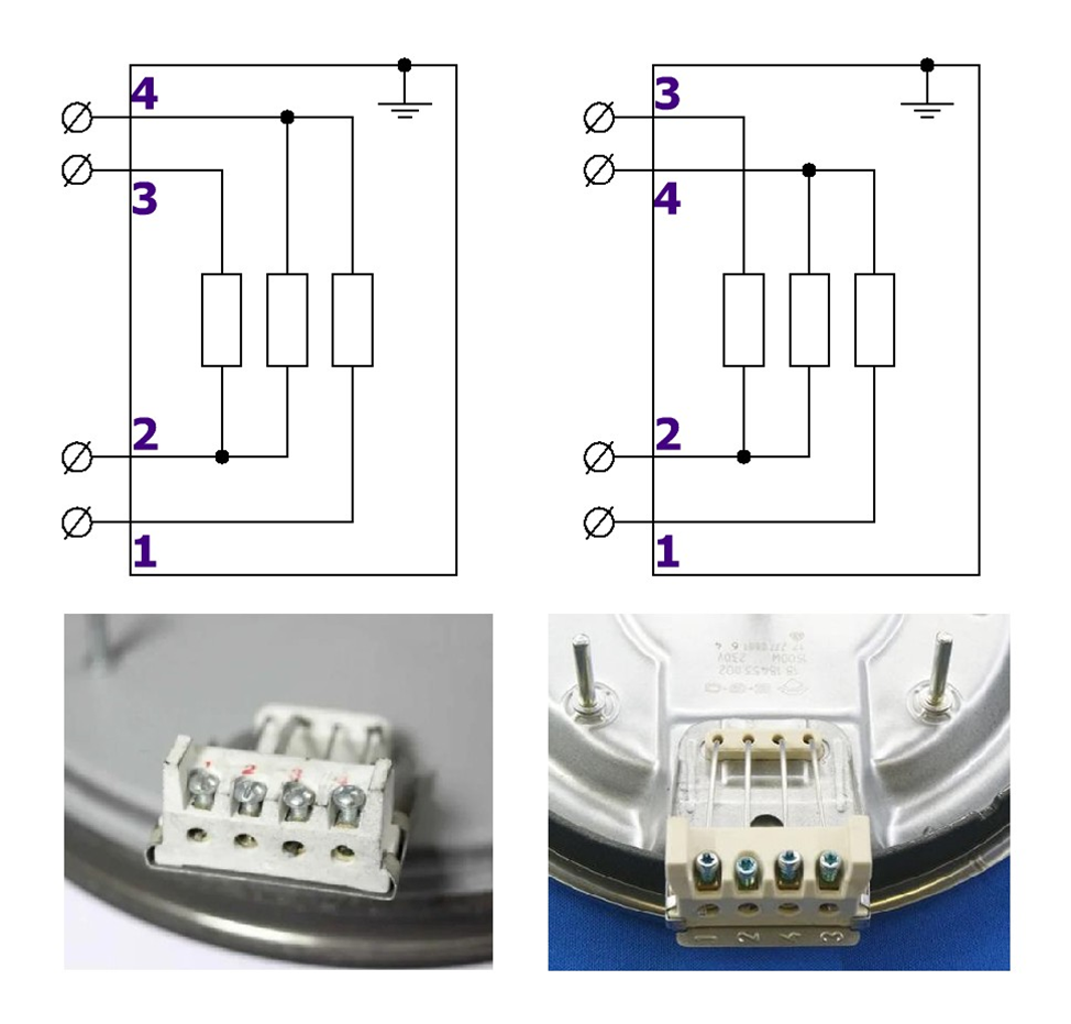 Схема соединений спиралей к колодке конфорки электроплиты