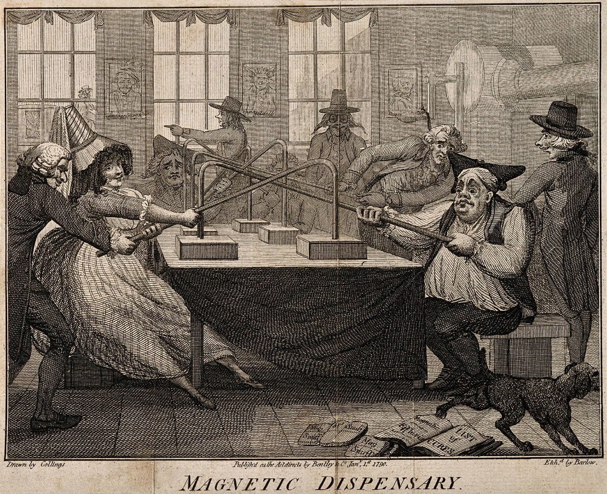 Пациенты, проходящие магнитотерапию. Офорт Дж. Барлоу, 1790 г.