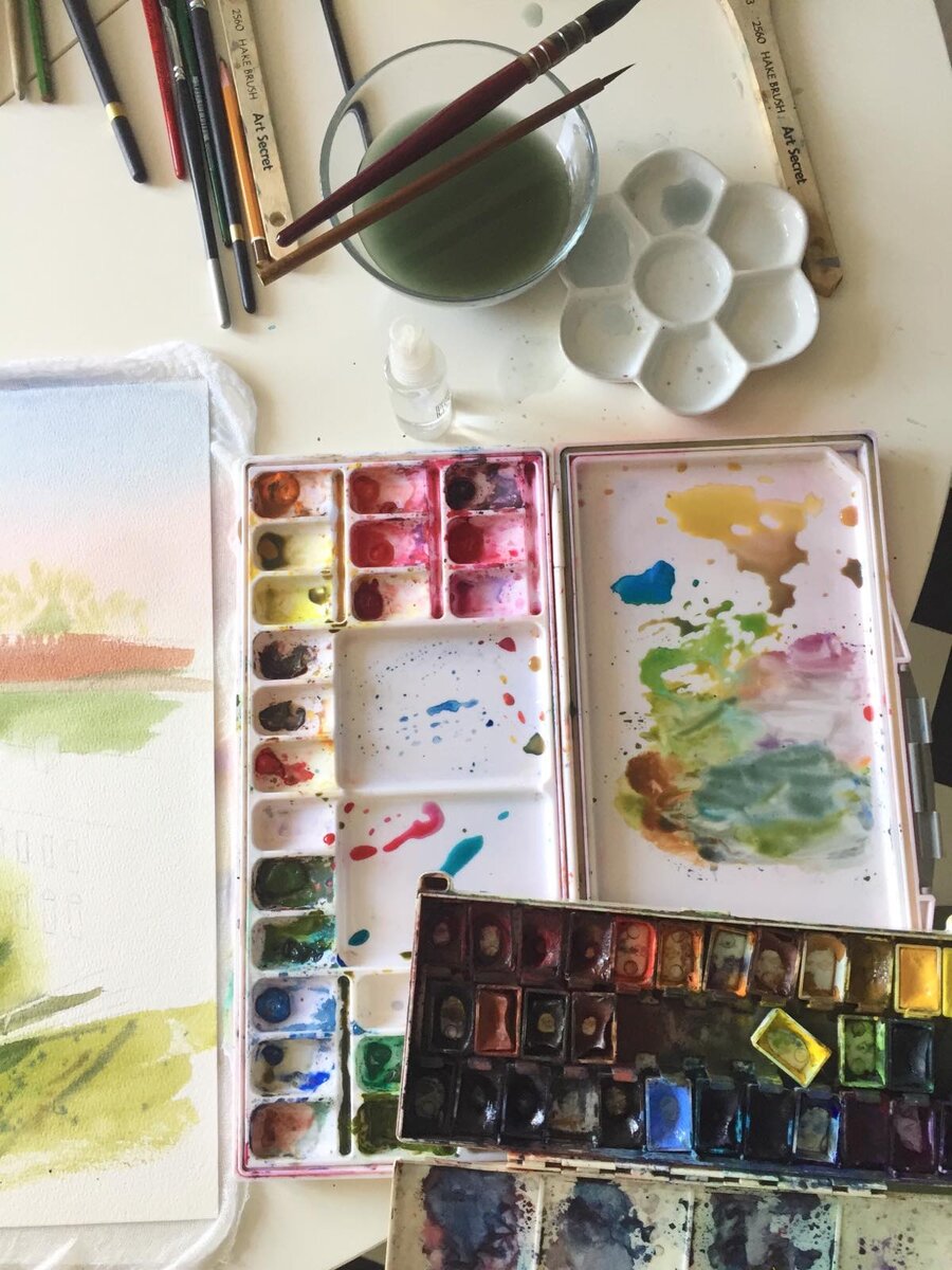 У меня 2 вида коробок с красками - это родная с кюветками от "Белые ночи", куда в центре я вставляю дополнительные цвета в кюветках, которые мне нужны и отдельная палитра с ячейками от Малевичъ, в эту палитру я выдавливаю краски которых нет у меня в кюветках, т.е. те цвета , которые я приобрела в тубах