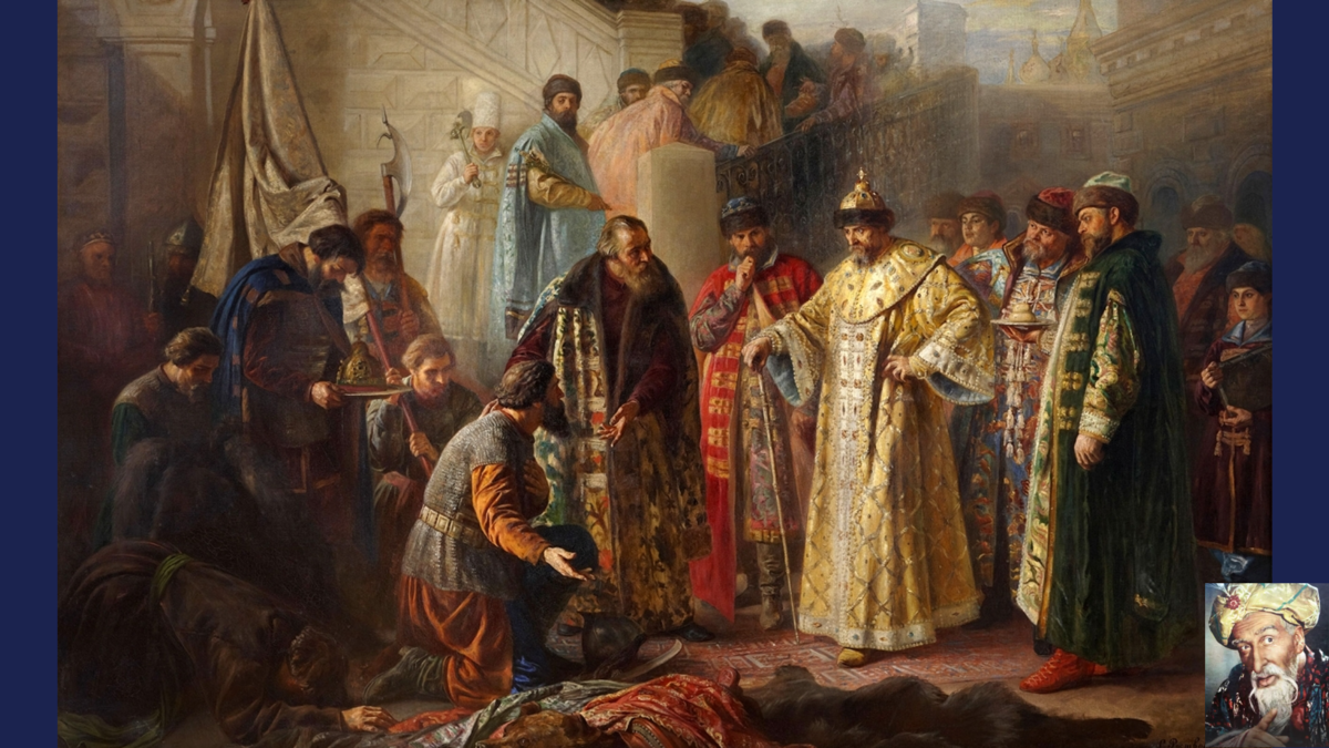 Станислав Ростворовский «Послы Ермака у Красного крыльца в Московском Кремле перед царём Иоанном Грозным »