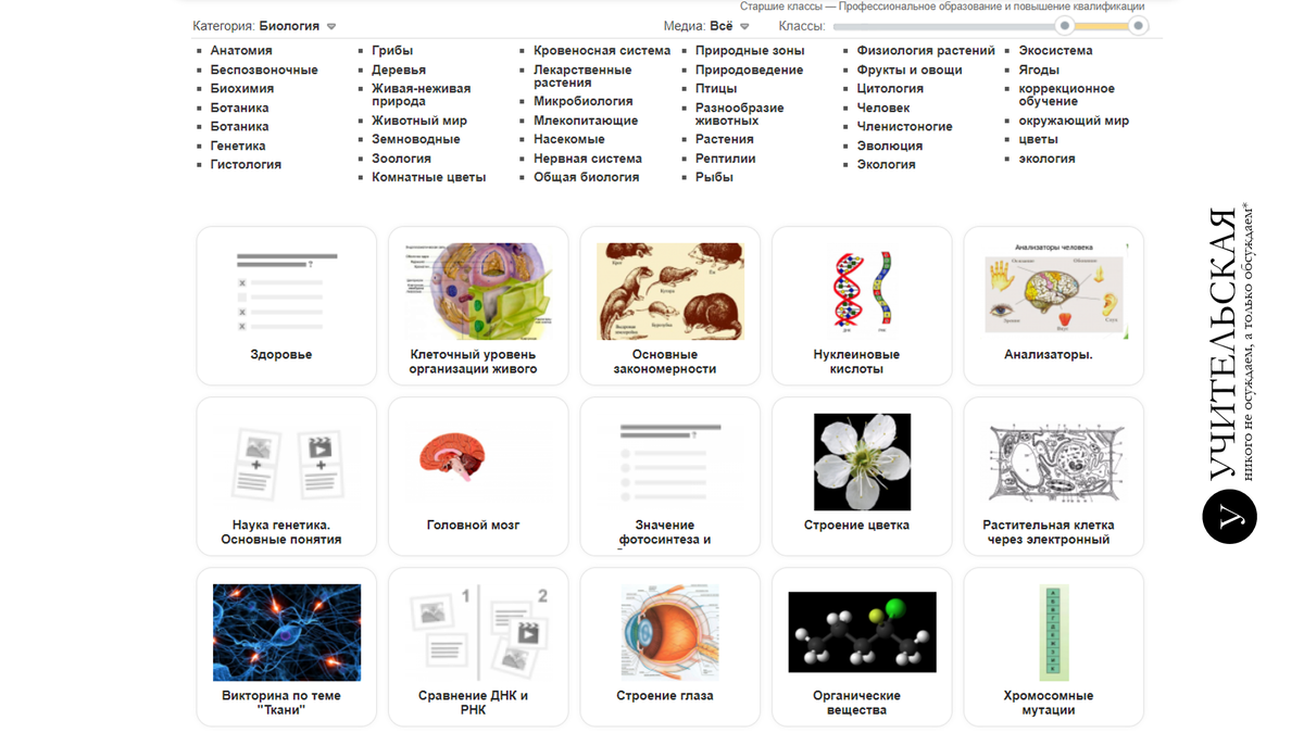 Рис. 3. Готовые задания для проведения уроков биологии в колледжах (10-11 классы)