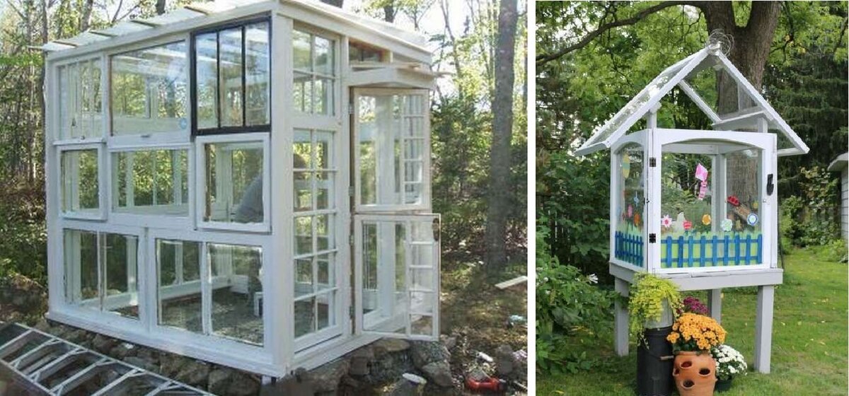    Каким будет ваш парник, зависит только от вашего воображения и наличия нужного количества б/у рам. Фото: pinterest.ru