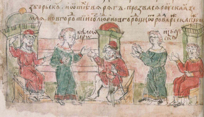 Призвание варягов. Миниатюра из Радзивилловской летописи. XV век. 
© radzivilovskaya-letopis.ru