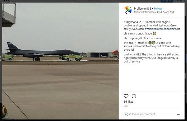 Сообщение, появившееся в Instagram вскоре после появления спасательной бригады возле B-1 Lancer совершившего аварийную посадку 1 мая в Мидленде, штат Техас. Пожарные команды использовали пену, предположив возгорание двигателя.