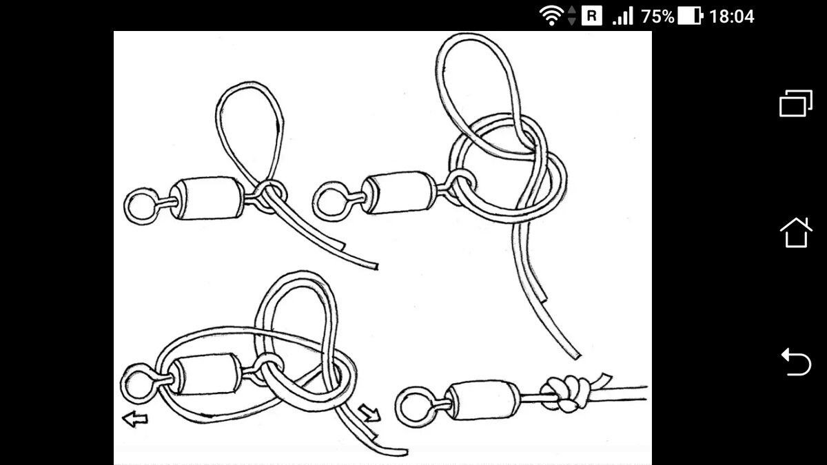 фото рисунок вяжем узел паломар: продели леску, одинарный узел и петлю пропустили через вертлюг.