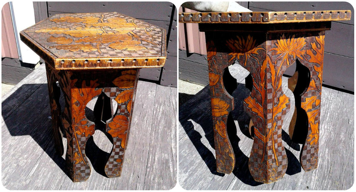 Фото: https://www.etsy.com Табурет 1930-х годов, в качестве декора - резьба и пирография.