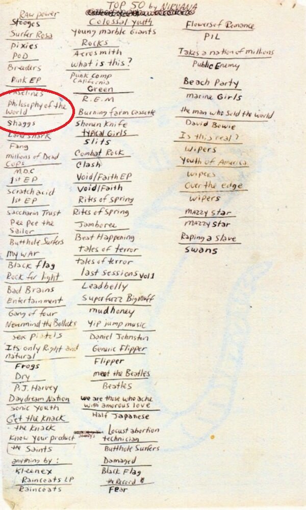 Написанный от руки список любимых альбомов Кобейна