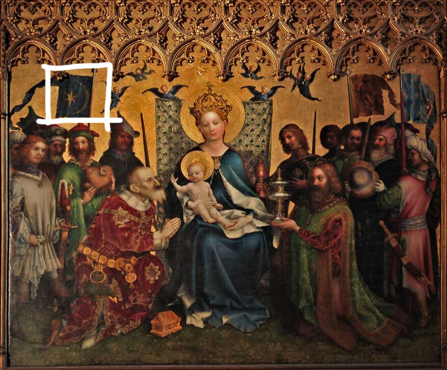 Штефан Лохнер "Поклонение волхвов". Первая половина 15 века. В то время полумесяц и звезду ассоциировали с византийцами. 