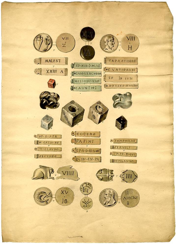 Тессеры, кости, астрагалы — различные предметы Древнего Рима на которые, и при помощи которых, можно играть. Рисунок из коллекции Британского музея.