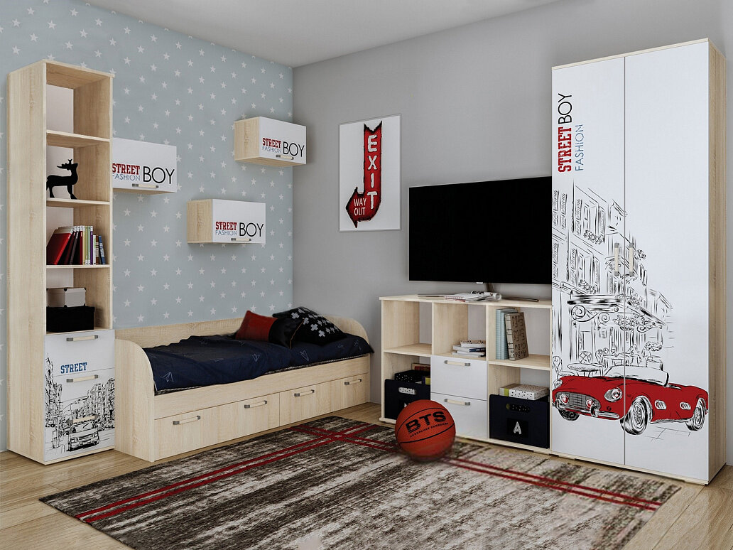 Детская «Сенди» понравится мальчику 10–14 лет, который любит автомобили. В комплект входит кровать длиной 186 см — ее хватит до старших классов. В ней есть два ящика, куда можно сложить постельное белье. На тумбу поместится большой телевизор, чтобы смотреть мультики или играть в приставку
Добавьте описание
