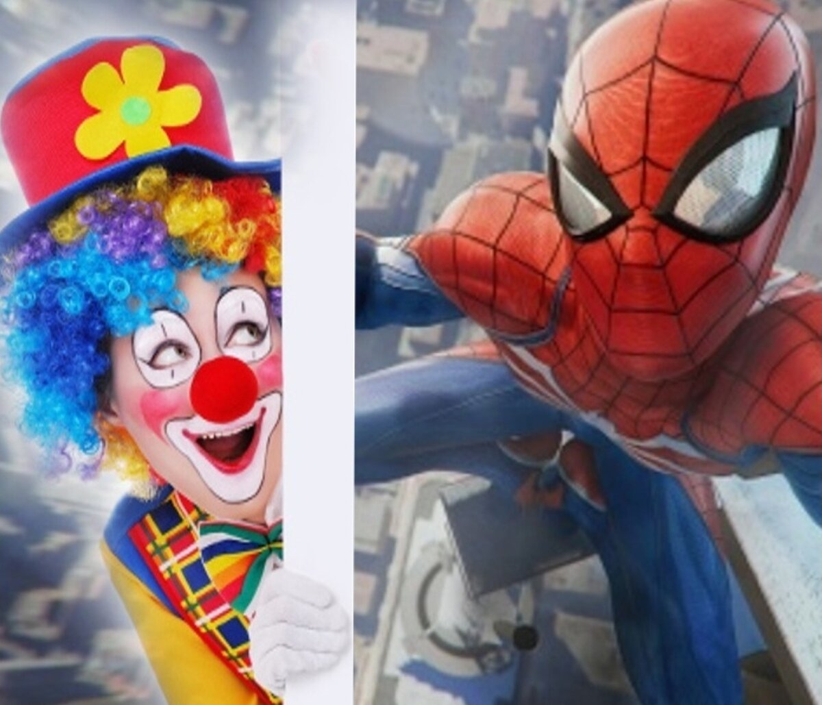 Два клоуна: обычный и супергеройский