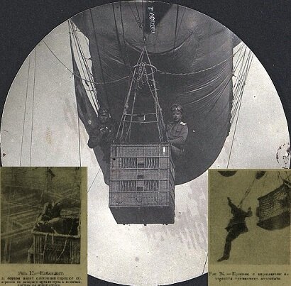 1915. Подпрапорщик Ципляев и прапорщик Анощенко Николай Дмитриевич на аэростате во время разведки по реке Шар.