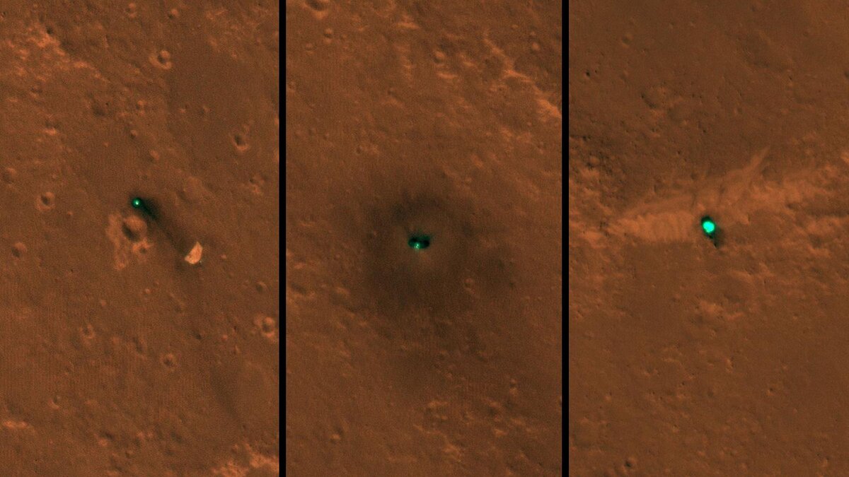 Место падения теплового щита (слева), посадочный модуль InSight (по центру), место падения задней крышки и парашюта (справа). NASA/JPL-Caltech/University of Arizona