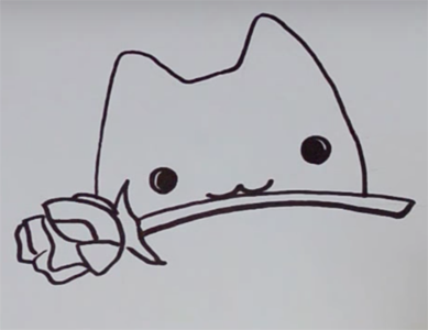 Дорисовываем мордочку и переходим к самому цветку. Роза — один из самых простых в рисовании цветов. Из прямоугольников с волнистыми сторонами образуются лепестки. Внизу можно добавить листочек.
