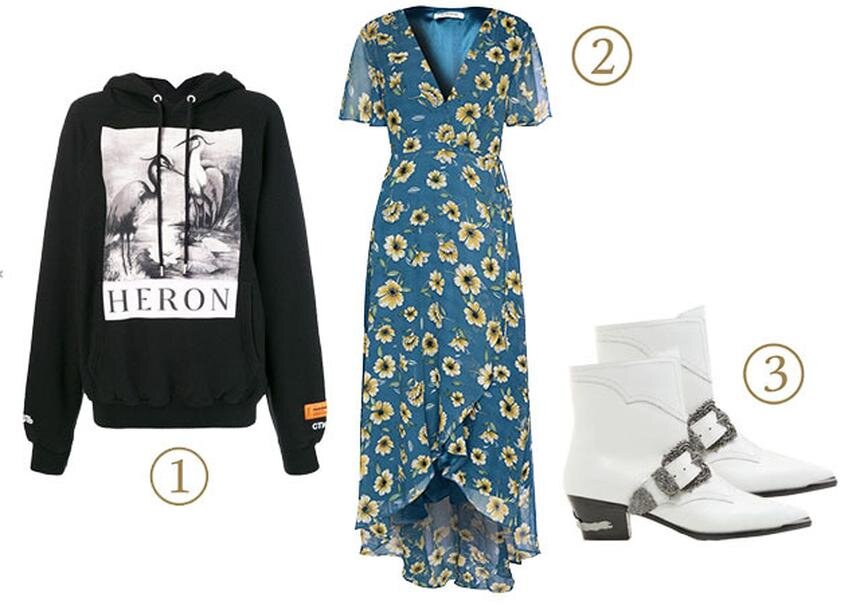 Худи Heron Preston, 38 769 руб. 2. Платье Topshop, 3710 руб. 3. Казаки Mango, 8999 руб. 