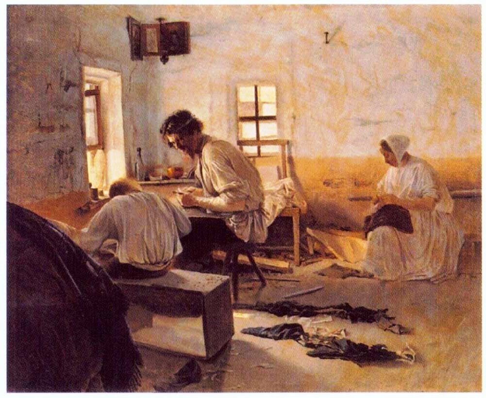 Лев Григорьевич Соловьёв, «Сапожники», 1875, холст, масло, 42 х 48 см, Государственная Третьяковская Галерея, Москва. Изображены сестра художника и её муж