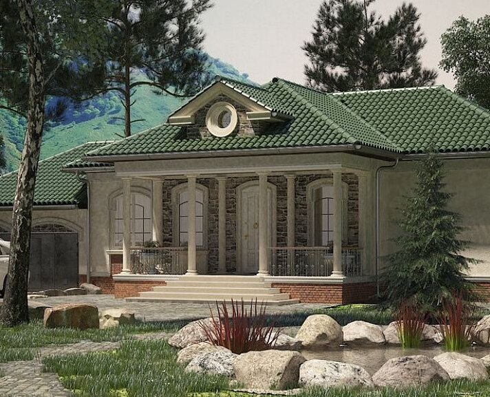 Одноэтажный жилой дом с кровлей из металлочерепицы.