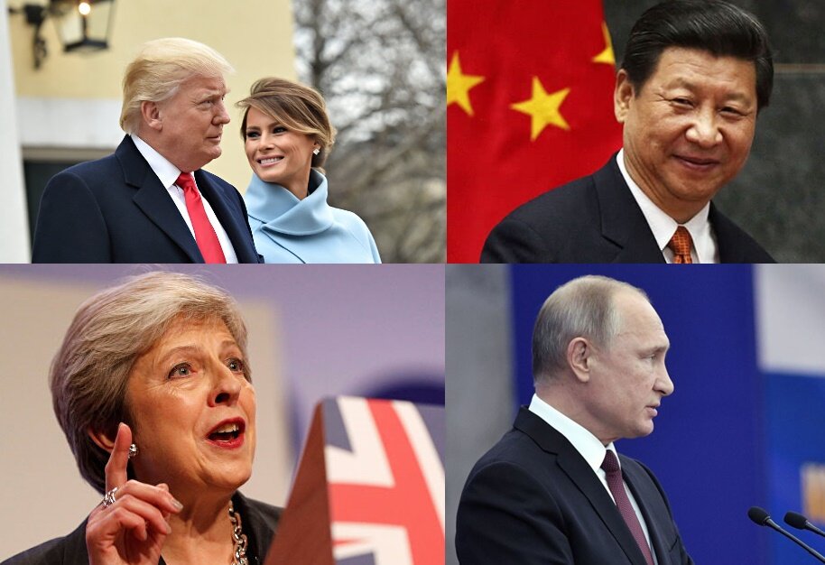 Дональд Трамп и его жена Мелания, Тереза Мэй, Си Цзиньпин, Владимир Путин.