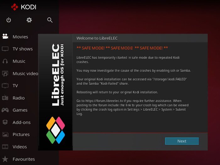 Добавлен режим безопасной загрузки (Safe Mode),  который можно использовать  в случае возникновения проблем с интерфейсом   Kodi. Указанный режим включается после пяти сбоев запуска  Kodi и  отличается применением настроек по умолчанию и отключением плагинов;   