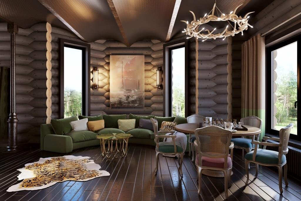 Плавные и округлые предметы способствуют расслаблению и приятному времяпрепровождению. Поэтому, в зону отдыха мы уместно вписали полукруглый диван в эркере и круглый обеденный стол по центру помещения. Форма круглого бревна и металлические своды перекрытия дополняют это пространство