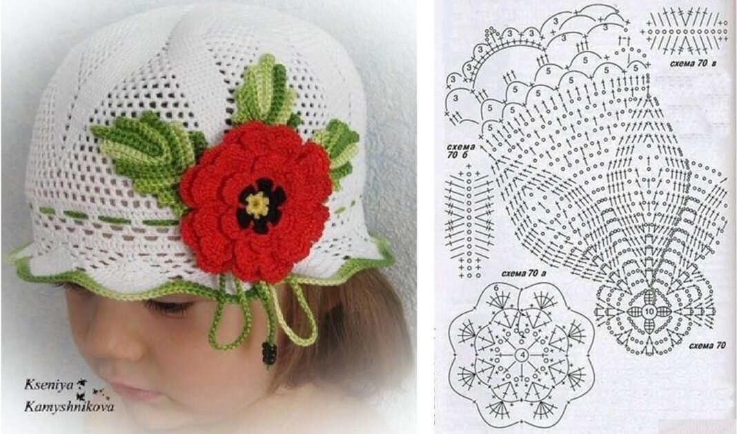 Белая детская шляпка-панамка крючком с красным цветком. Описание, схемы