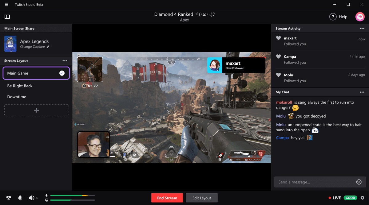 А это внешний вид Twitch Studio. Всё просто, ничего лишнего. 