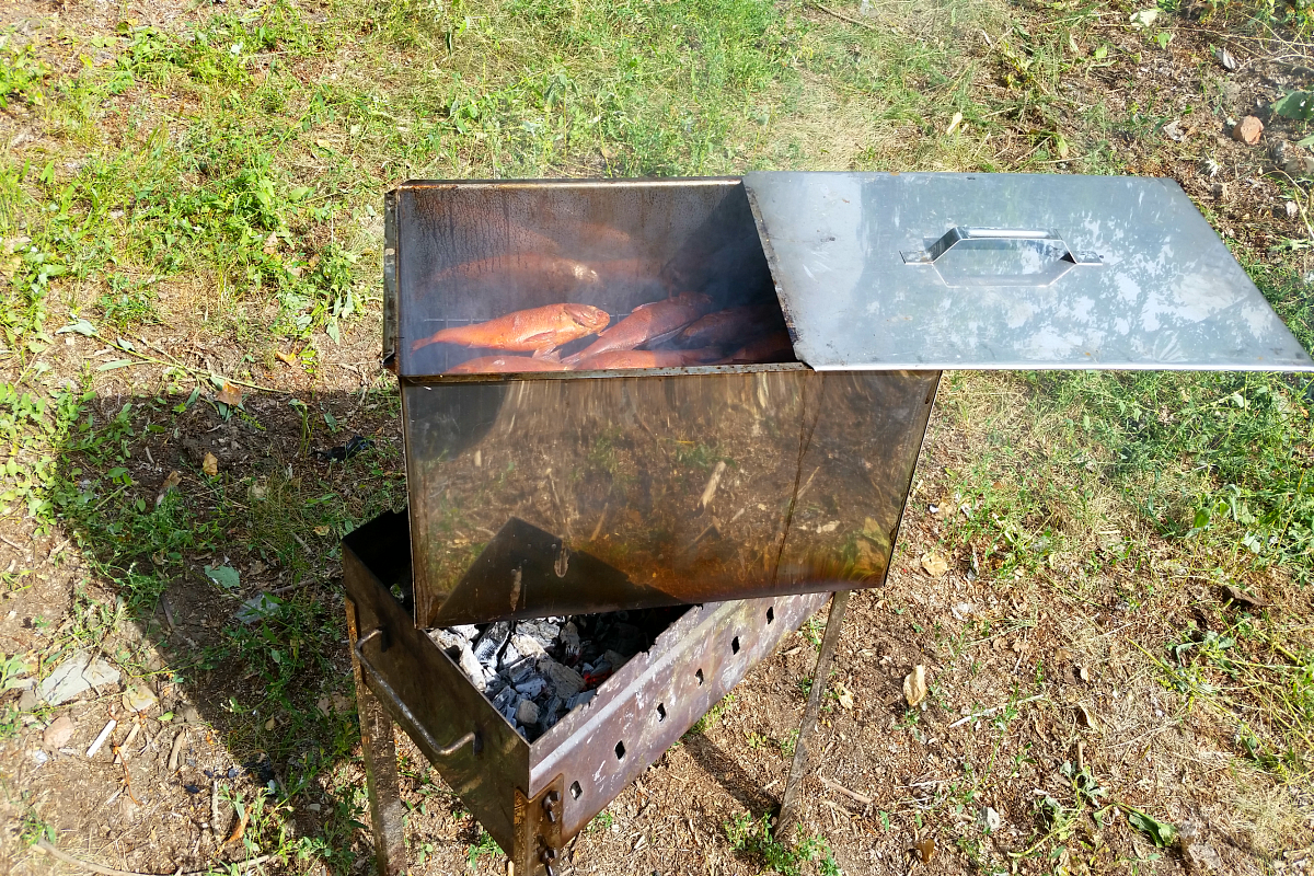 Проверить готовность копчения рыбы можно открыв крышку коптильни.