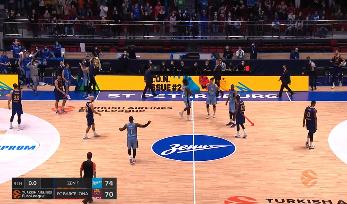 Баскетбол Зенит Барселона. Кадр из трансляции.