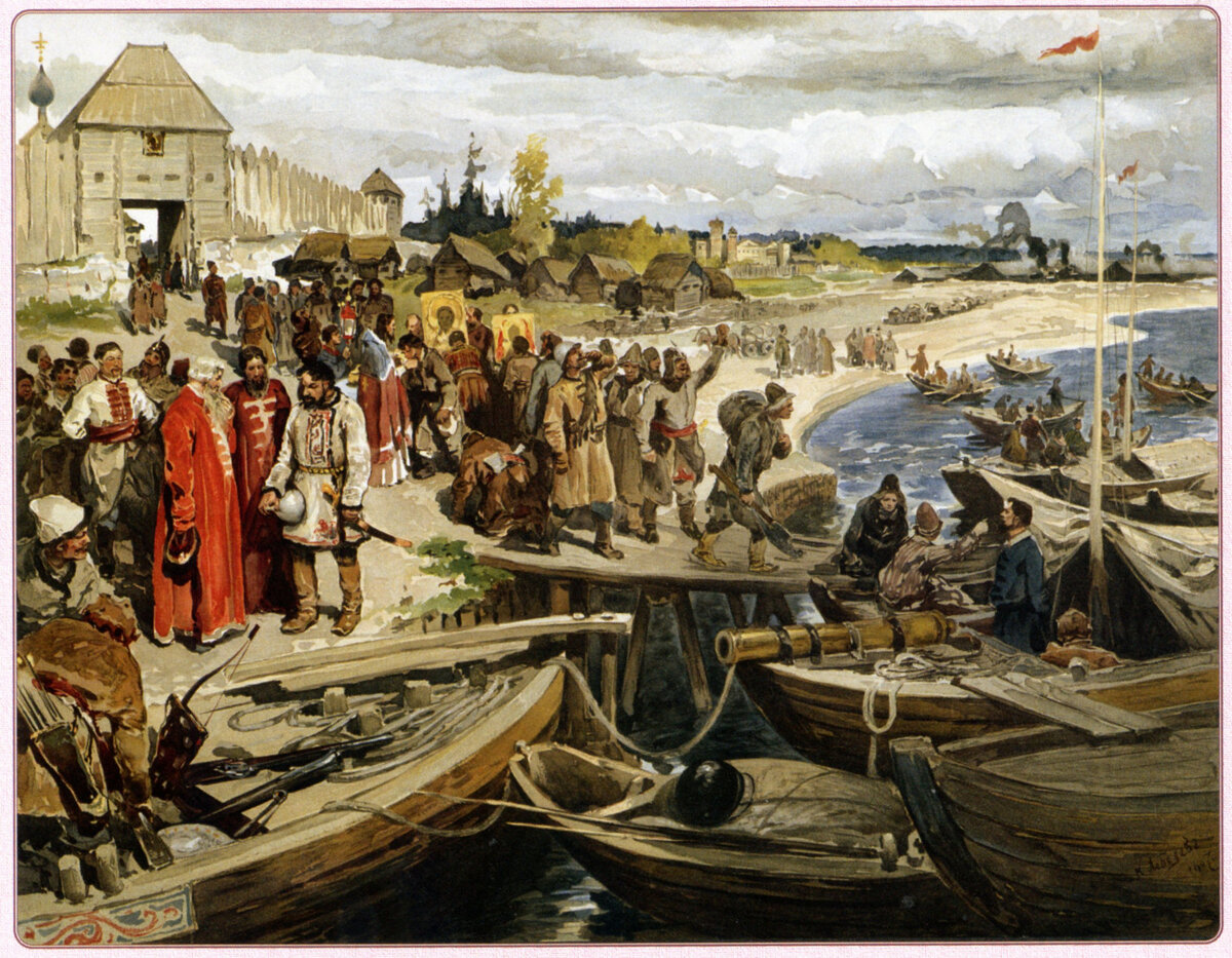 Войско Ермака готовится к походу в Орёл-городке на Каме