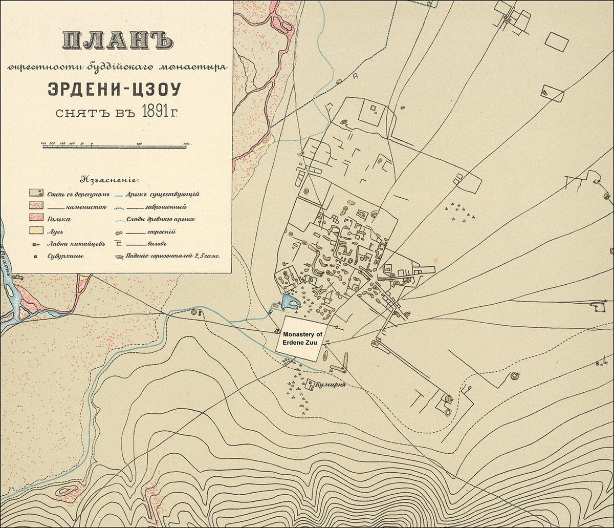 Рисунок 1. Первая карта Каракорума, составленная Орхонской экспедицией в 1891 году, на которой изображен современный монастырь Эрдэнэ Зуу с телом города к северу.