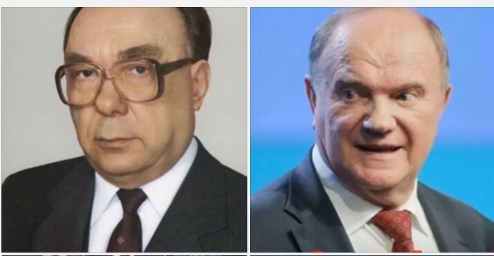 Слева член Бюро ЦК КПСС Александр Яковлев разрушитель СССР и предатель, справа его ученик лидер бизнес-проекта секты КПРФ Геннадий Зюганов.