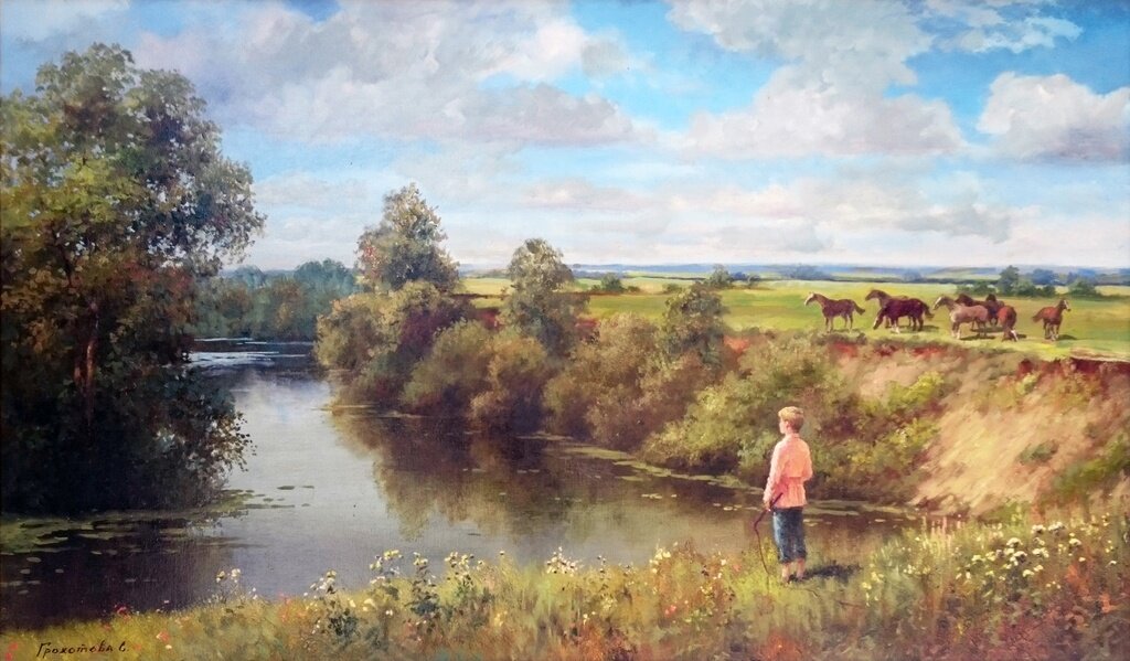Русские летом на речке. Живопись Светланы Грохотовой. Летние пейзажи Светланы Грохотовой.