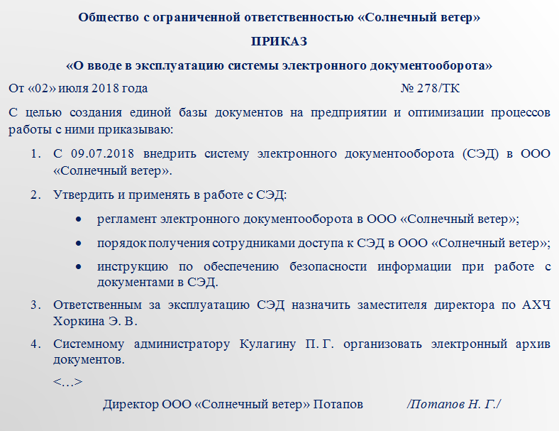 Приказ о внедрении электронного документооборота в организации образец