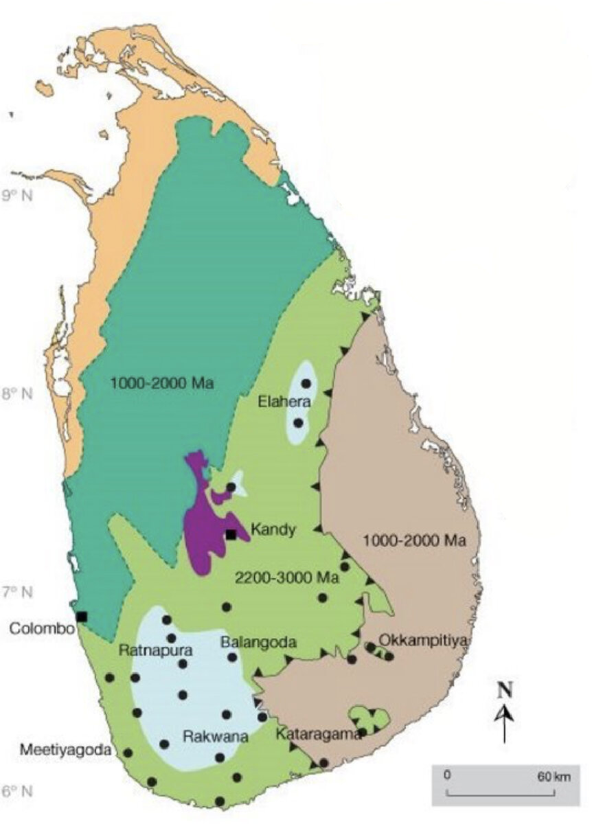 Геологическая карта Шри-Ланки. Светло-зеленым отмечена зона максимального сосредоточения драгоценных камней. Точками обозначены места добычи.