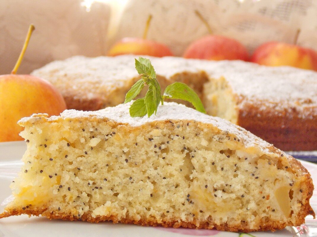 
Яблоки и корица – дуэт всем известный и любимый. 
А пробовали ли Вы сочетать яблоки с маком? 
Пирог с такой неожиданной комбинацией ингредиентов получается оригинальным, красивым и очень вкусным. 
Нежные, чуть кисловатые яблоки и хрустящие маковые зёрнышки в пышном тесте чудесно гармонируют друг с другом.

Яблочный пирог с маком похож одновременно на кекс и на бисквит, а ещё – на шарлотку. 
Из всех трёх рецептов в нём собраны лучшие особенности: от кекса – простота приготовления; приятная кислинка тающей во рту яблочной шарлотки и пышность бисквитного теста. Прибавьте к этому восхитительному сочетанию эффектные вкрапления маковинок и нарядность сахарной пудры… и поймёте, что у Вас, кроме шарлотки и слоёных розочек, появился ещё один любимый рецепт выпечки с яблоками!

✔ Ингредиенты

На форму 20-24 см:

Сливочное масло – 100 г;
Сахар – 150 г;
Яйца куриные крупные – 2 шт.;
Подсолнечное масло без запаха – 4 ст.л.;
Мука – примерно 1,5 стакана;
Разрыхлитель – 1,5 ч.л.;
Мак – 2 ст.л.;
Яблоки – 3-5 шт., в зависимости от размера.

✔ Приготовление

Сливочное масло нужно размягчить, достав из холодильника минут за 20 до того, как Вы начнёте готовить тесто. 
Если гости уже на пороге и Вы торопитесь, процесс размягчения масла можно ускорить, слегка нагрев его в микроволновой печи или на плите. 
Только будьте начеку: масло должно не полностью растаять, а только стать мягким.

Взбиваем масло и сахар миксером 15-20 секунд на средней скорости. Затем по одному вбиваем яйца, каждый раз ещё немного взбивая массу до однородности.

Затем вливаем в тесто подсолнечное масло – лучше взять рафинированное, так как душистое придаст пирогу свой (другой) аромат. Перемешиваем ложкой.

Просеиваем в миску с тестом пшеничную муку, смешав её с разрыхлителем для теста, и всыпаем сухой мак. Снова перемешаем.

Яблочки помоем и очистим – желательно не только от косточек и перегородок, но и от кожуры, чтобы пирог получился нежнее. Нарежем яблоки небольшими кубиками и добавим в тесто.

Ещё раз перемешаем. 
Тесто для пирога готово. 
Теперь нужно подготовить форму. 
Подойдёт как разъёмная, так и обычная.
 Если у Вас есть пергамент, смазываем его растительным маслом и закрываем дно формы бумагой; бортики также смазываем, чтобы пирог не прилип.
 Если бумаги для выпечки нет, смазываем дно и стенки формы сливочным маслом и обсыпаем панировочными сухариками или манной крупой.

Выкладываем тесто в форму, разравниваем ложкой и отправляем пирог в разогретую духовку. 
Выпекаем при 180-190ºС в течение 30-35 минут. 
Когда верх пирога равномерно зарумянится, а деревянная палочка будет выходить из теста сухой – яблочный пирог с маком готов.

Свежий яблочный пирог с маком очень нежный, поэтому пусть остынет в форме минут пять. 
Затем аккуратно переместим его на блюдо и, подождав ещё немного, пока тесто сделается не горячим, а приятно тёплым, притрусим сахарной пудрой (если посыпать ею пирог прямо из духовки, пудра может растаять).
 Маленькая хитрость – чтобы сахарная пудра легла на поверхность выпечки равномерно, сыпать её лучше не щепоткой, а через небольшое ситечко.

Нарезаем яблочный пирог с маком на порции, завариваем ароматный чай и приглашаем всех к столу!