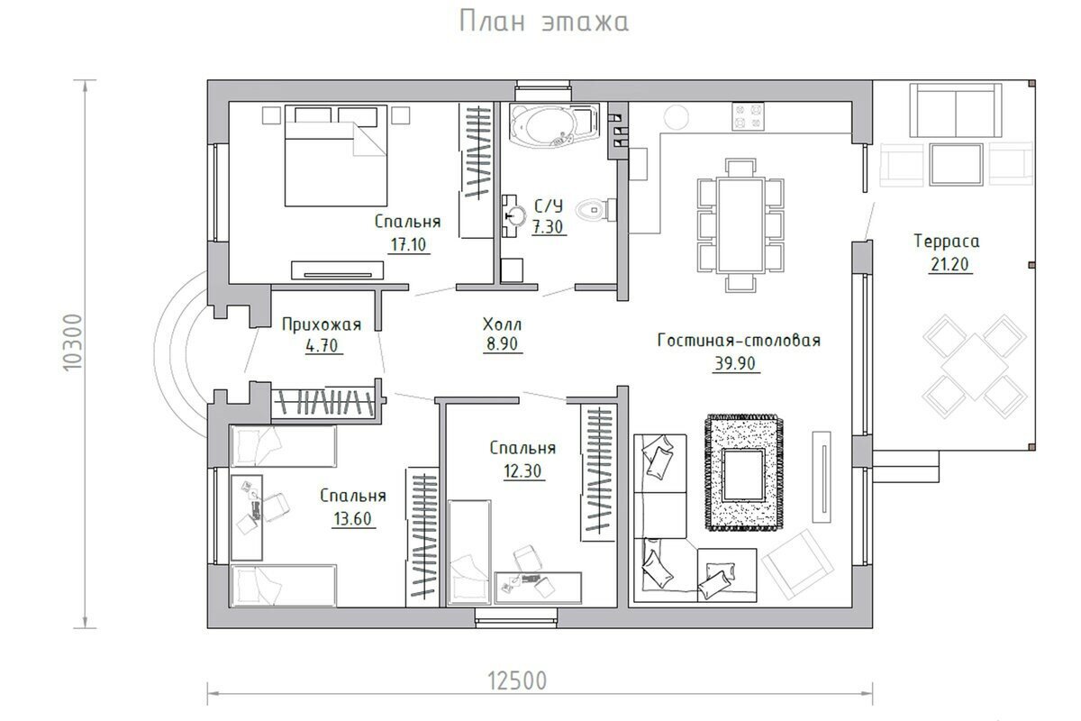 три спальни и кухня гостиная планировка дома
